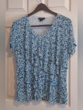 Nue Options Blue Floral Ruffle Short-Sleeve Top